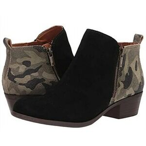 NWOB‎ Lucky Brand Black Suede Camo Print Ankle Booties Side Zip 8.5 Boots Casual
